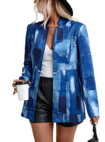 Denim-Effect Print Open Front Coat 1