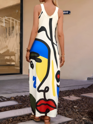 Women’s Summer Casual & Vacation Criss-Cross Neckline Shift Dress With Side Pockets And Line & Face Printed Pattern 1