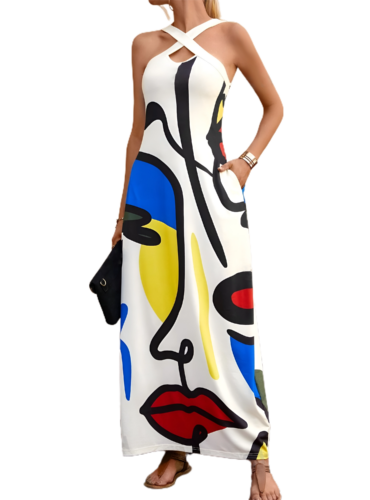 Women’s Summer Casual & Vacation Criss-Cross Neckline Shift Dress With Side Pockets And Line & Face Printed Pattern 2